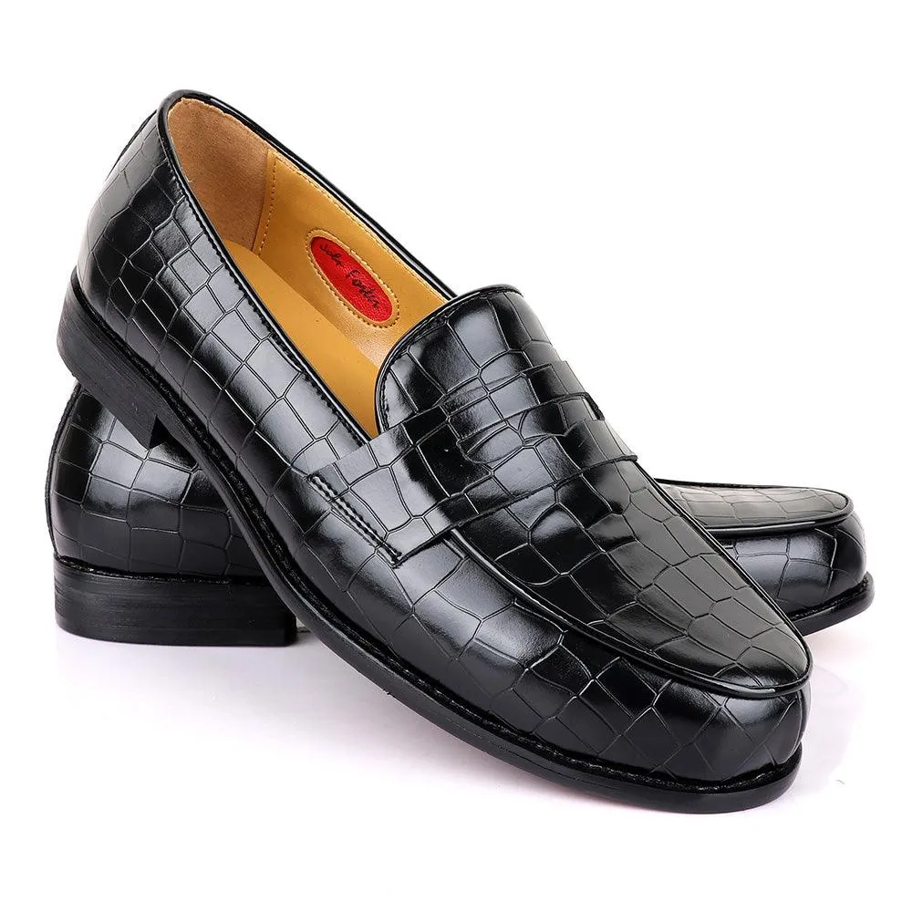 John Foster Croc Block Black Leather Shoe