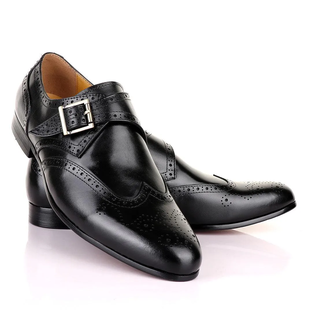 John Mendson Brogues Single Strap Buckle Leather Black Shoe