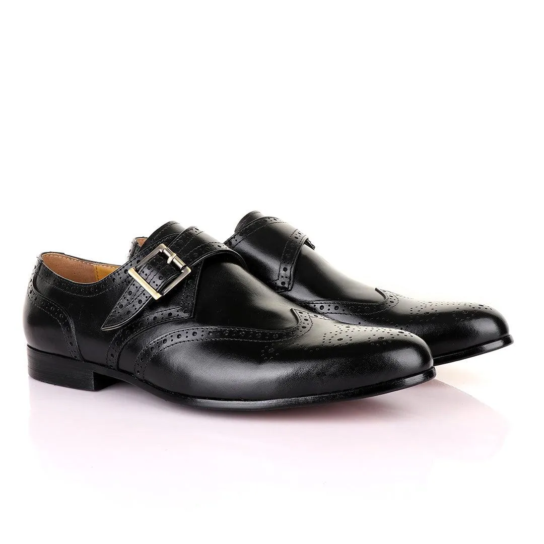 John Mendson Brogues Single Strap Buckle Leather Black Shoe