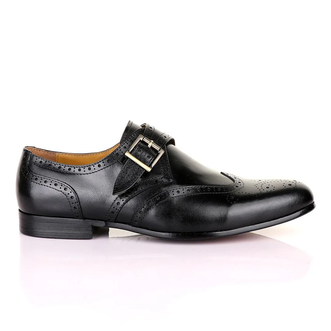 John Mendson Brogues Single Strap Buckle Leather Black Shoe