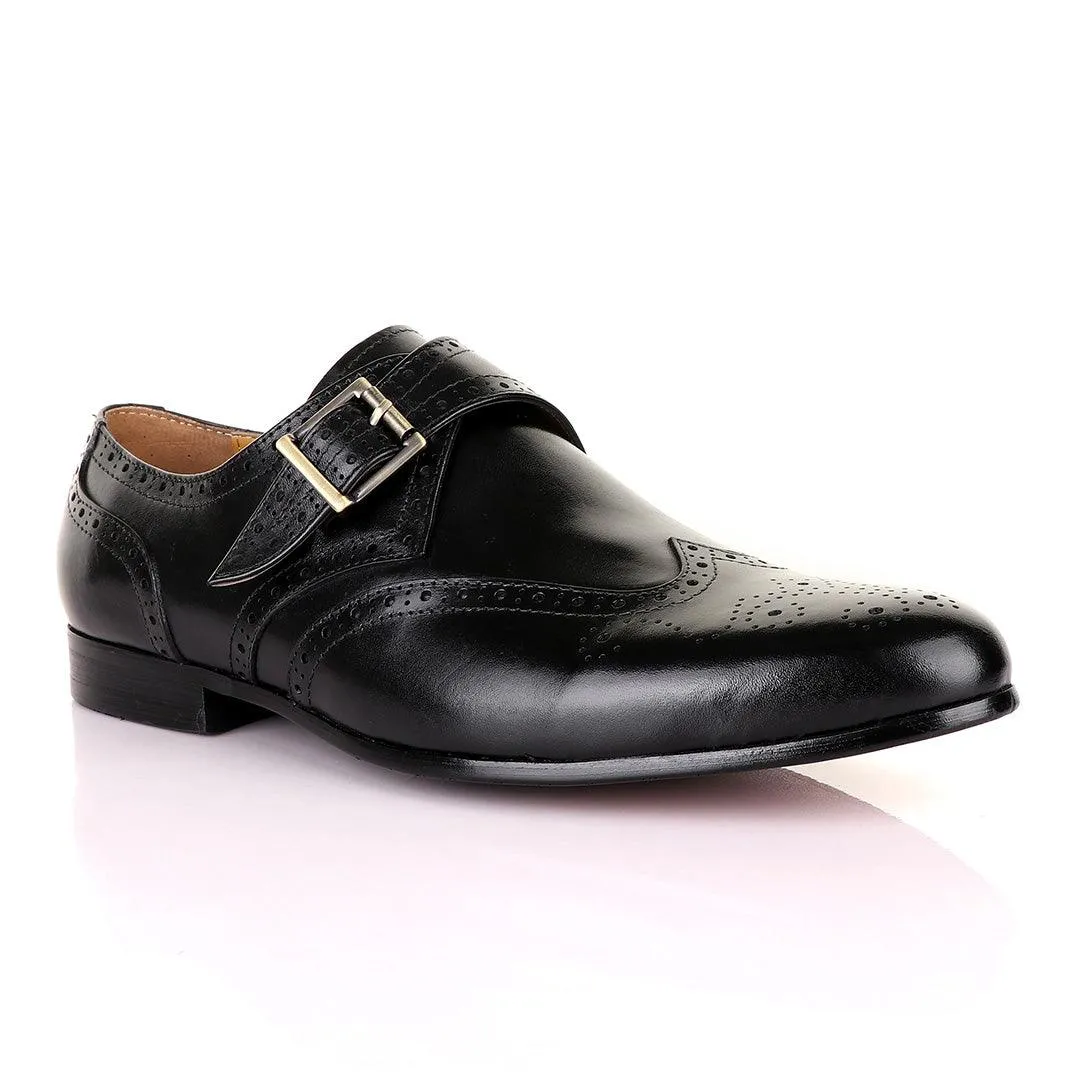 John Mendson Brogues Single Strap Buckle Leather Black Shoe