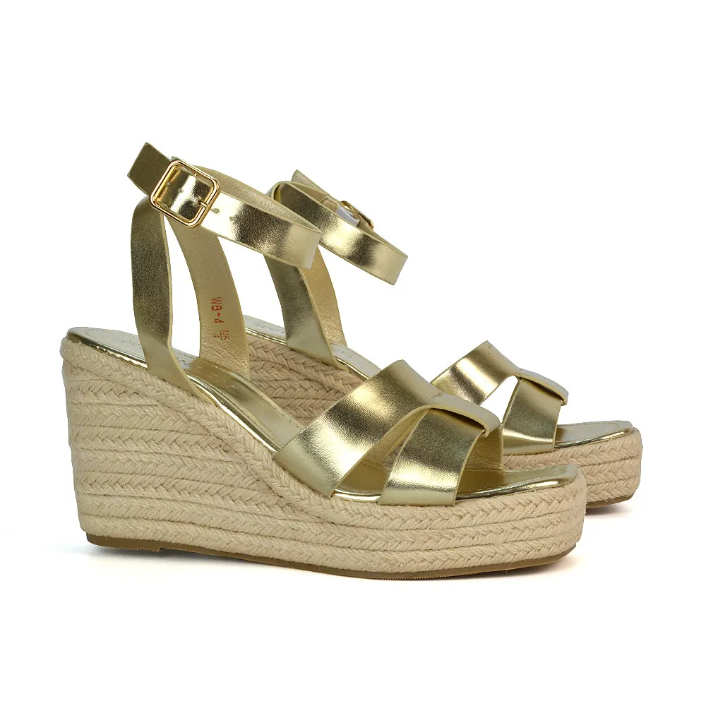 Kala Espadrille Strappy Platform Wedge Heel Sandals With a Square Toe in Gold