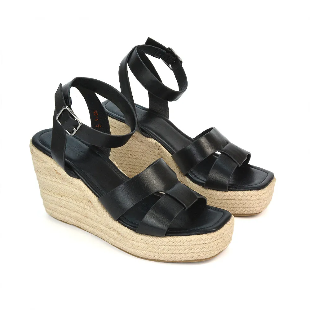 Kala Espadrille Strappy Platform Wedge Heel Sandals With a Square Toe in Gold