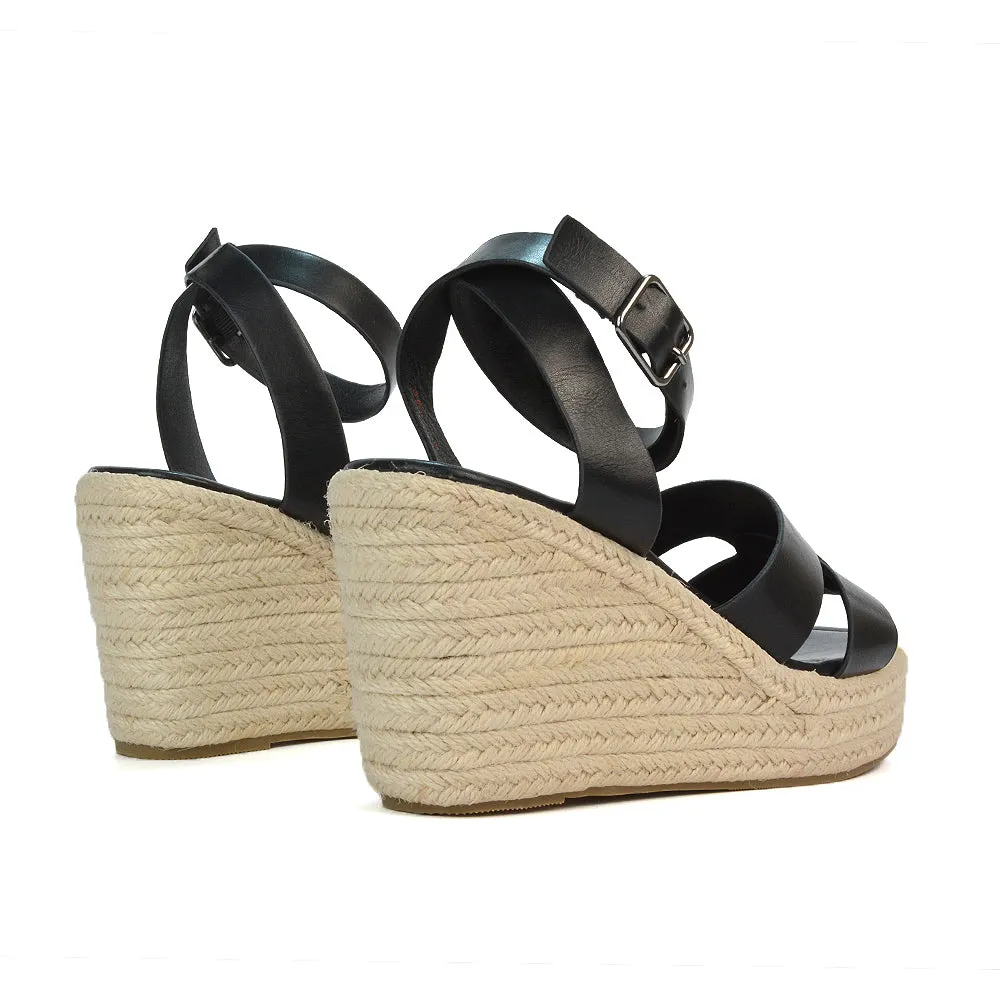 Kala Espadrille Strappy Platform Wedge Heel Sandals With a Square Toe in Gold