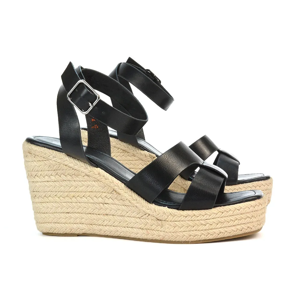 Kala Espadrille Strappy Platform Wedge Heel Sandals With a Square Toe in Gold