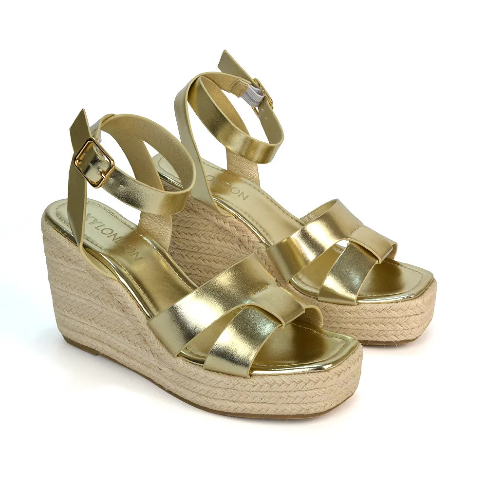 Kala Espadrille Strappy Platform Wedge Heel Sandals With a Square Toe in Gold