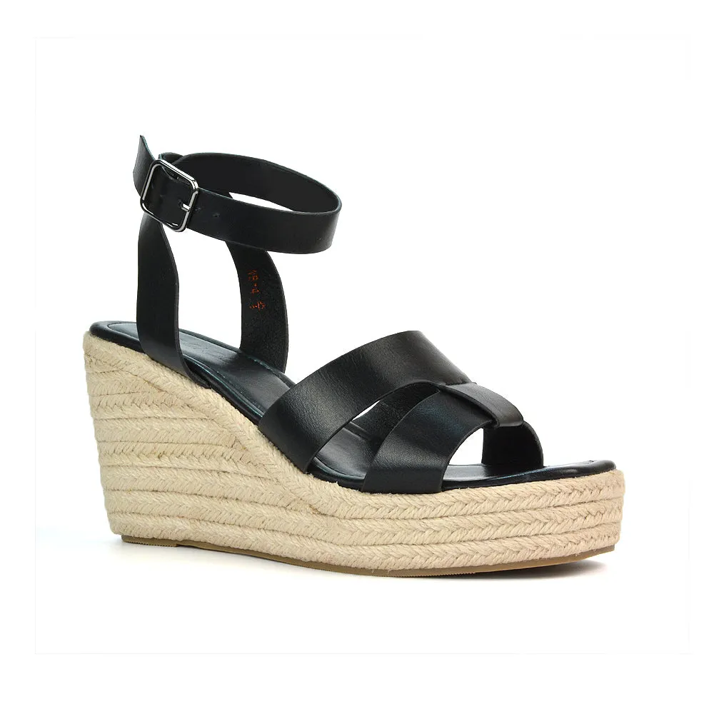 Kala Espadrille Strappy Platform Wedge Heel Sandals With a Square Toe in Gold