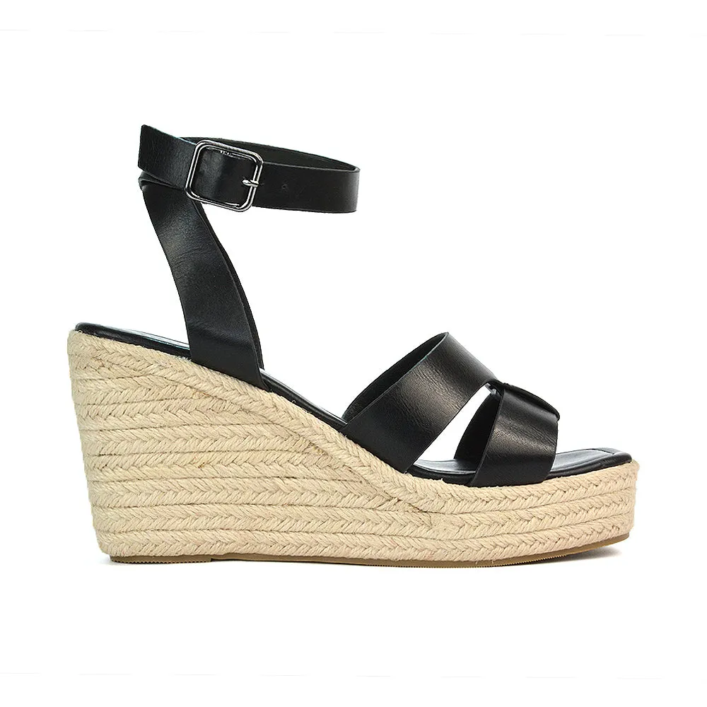 Kala Espadrille Strappy Platform Wedge Heel Sandals With a Square Toe in Gold