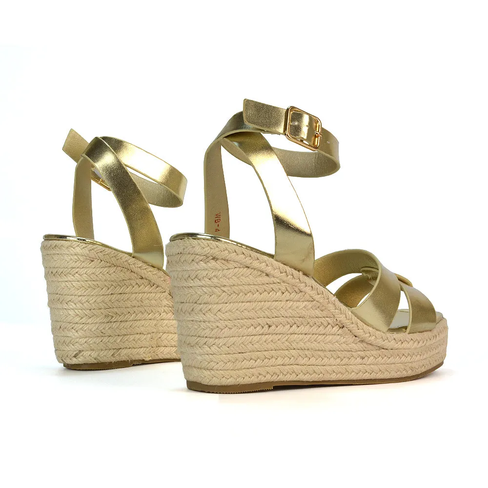 Kala Espadrille Strappy Platform Wedge Heel Sandals With a Square Toe in Gold