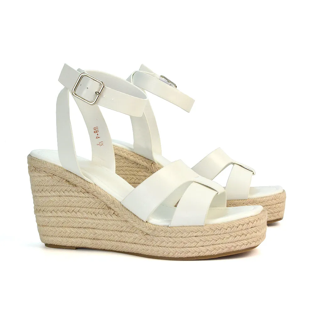 Kala Espadrille Strappy Platform Wedge Heel Sandals With a Square Toe in Gold