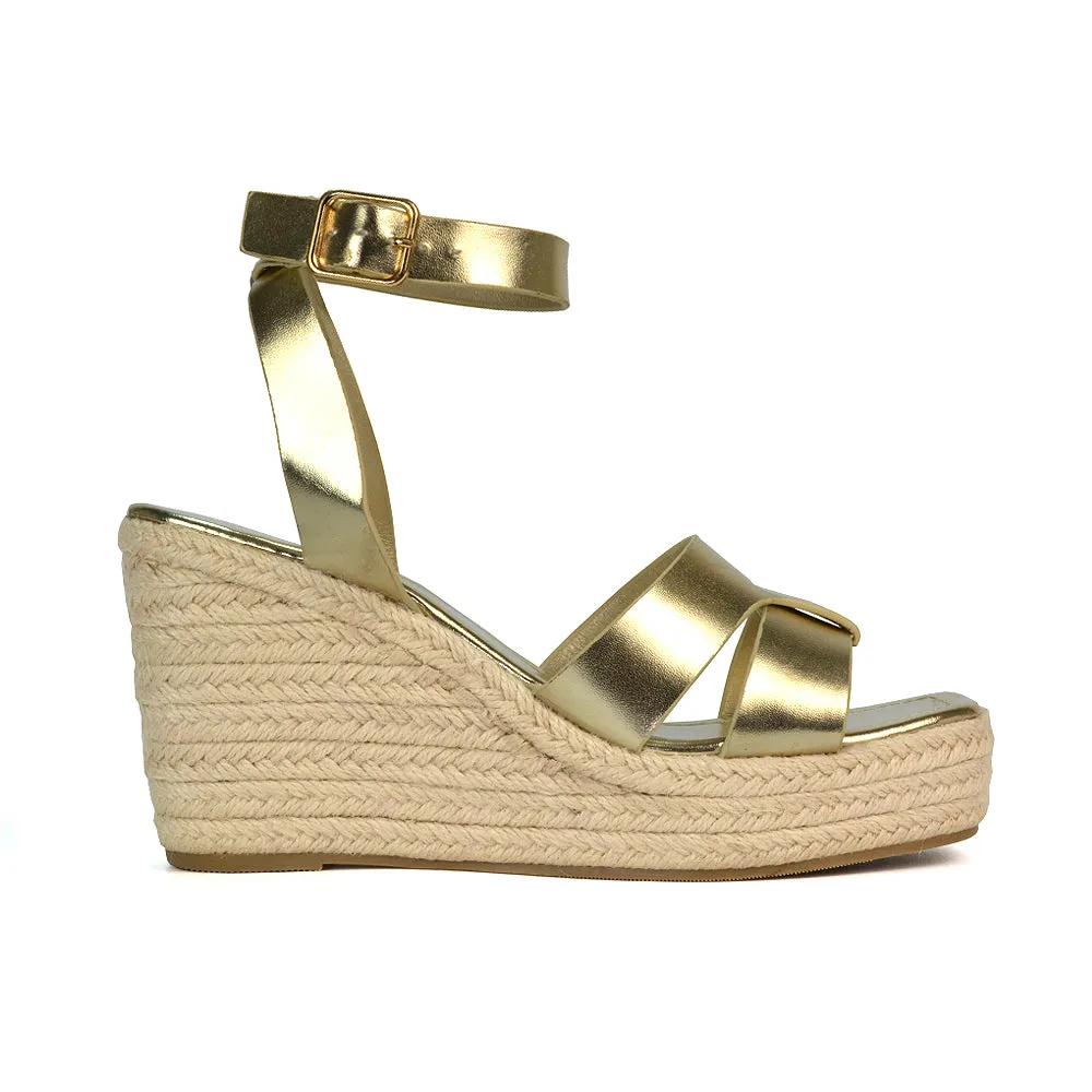 Kala Espadrille Strappy Platform Wedge Heel Sandals With a Square Toe in Gold