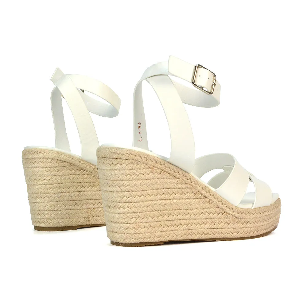 Kala Espadrille Strappy Platform Wedge Heel Sandals With a Square Toe in Gold