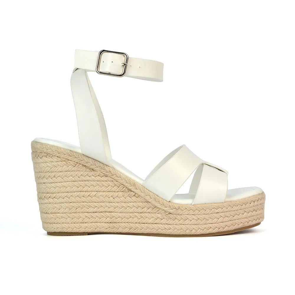 Kala Espadrille Strappy Platform Wedge Heel Sandals With a Square Toe in Gold