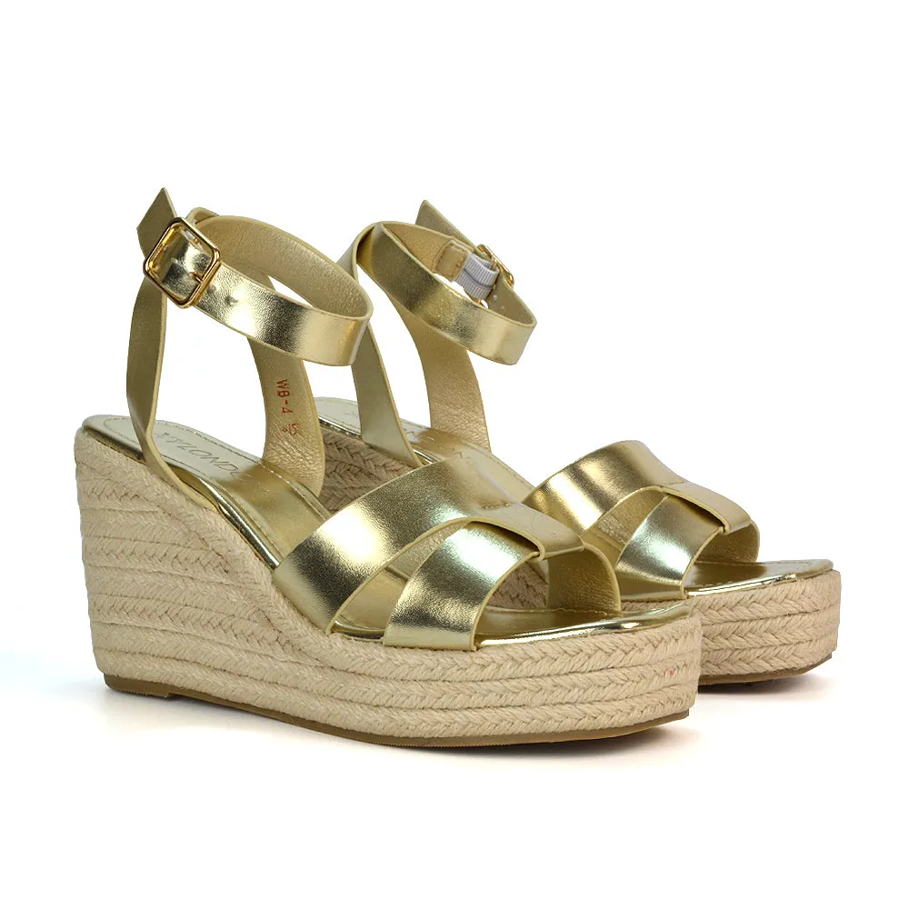 Kala Espadrille Strappy Platform Wedge Heel Sandals With a Square Toe in Gold