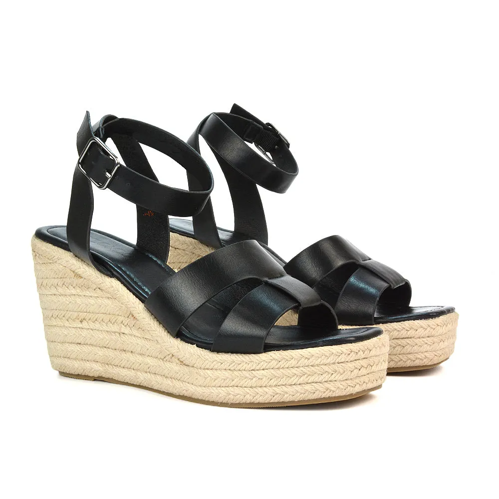 Kala Espadrille Strappy Platform Wedge Heel Sandals With a Square Toe in Gold