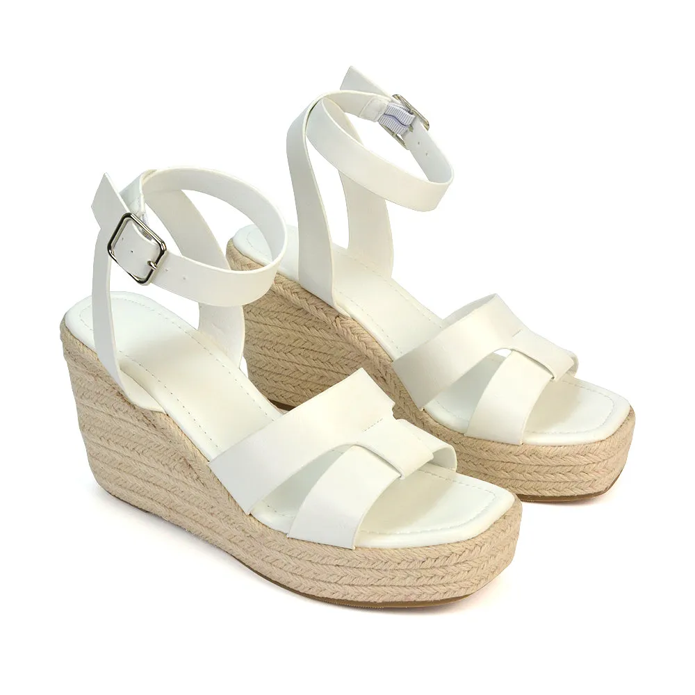 Kala Espadrille Strappy Platform Wedge Heel Sandals With a Square Toe in Gold