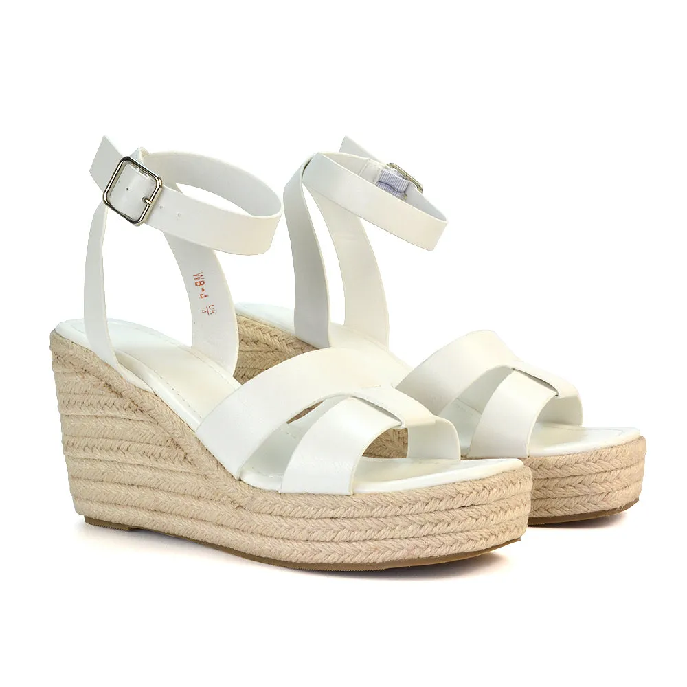 Kala Espadrille Strappy Platform Wedge Heel Sandals With a Square Toe in Gold