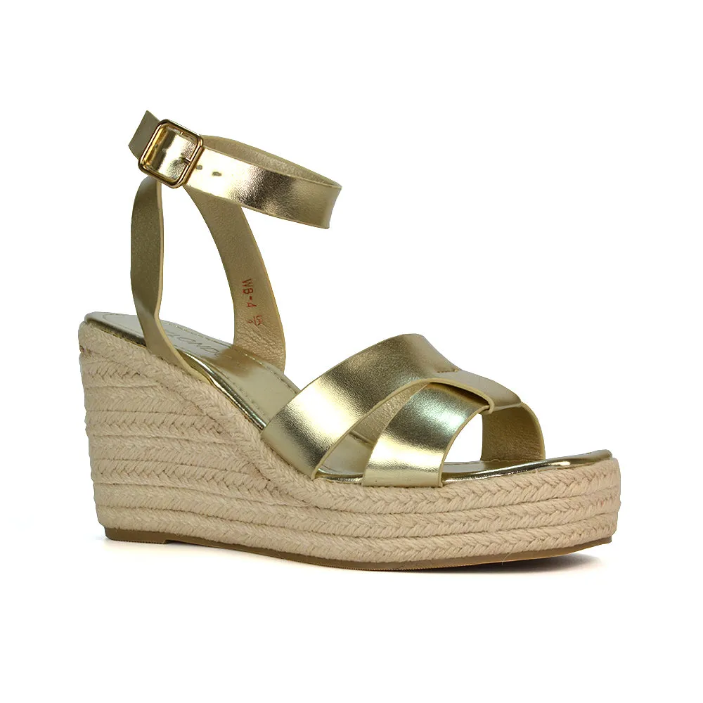 Kala Espadrille Strappy Platform Wedge Heel Sandals With a Square Toe in Gold