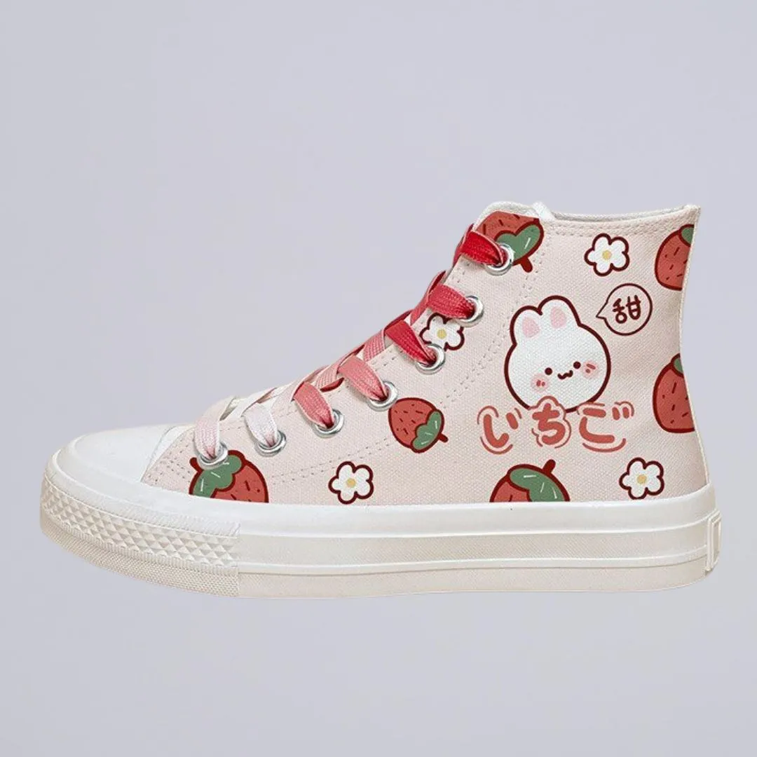 Kawaii Strawberry Bunny High Top Canvas Shoes - Unisex