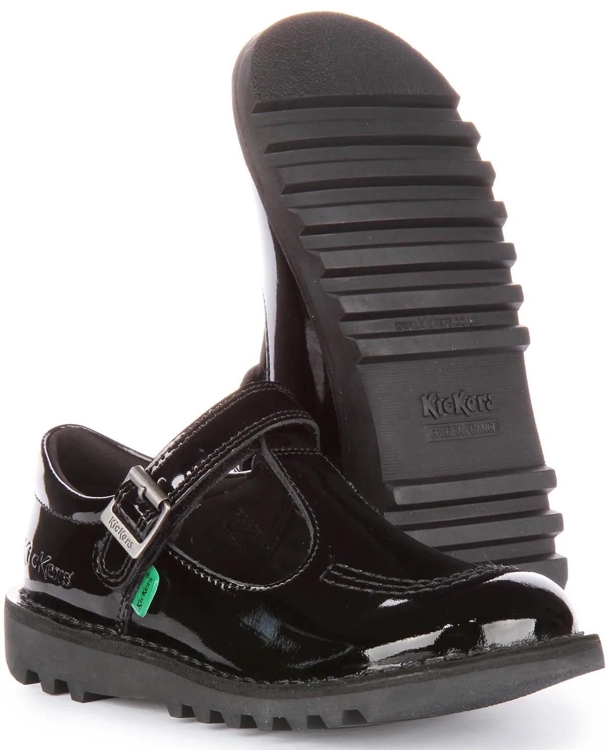 Kickers Kick T Bar Velcro In Black Patent For Junior