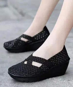 Knit Fabric Black Handmade Comfortable Splicing Wedge Heels ML1090