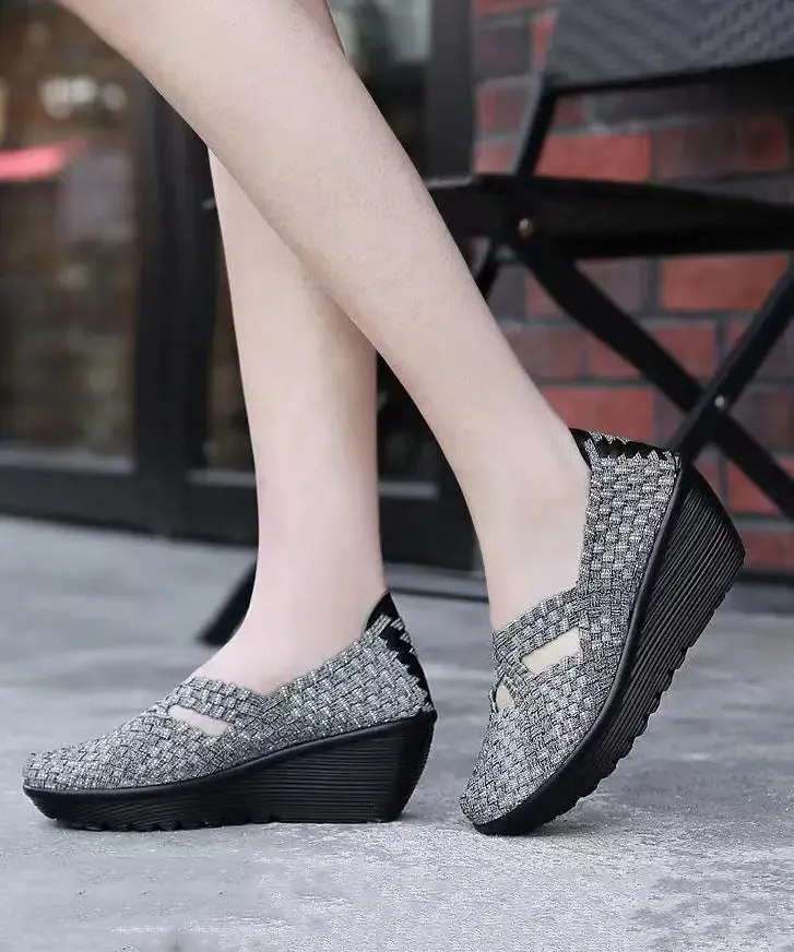 Knit Fabric Black Handmade Comfortable Splicing Wedge Heels ML1090