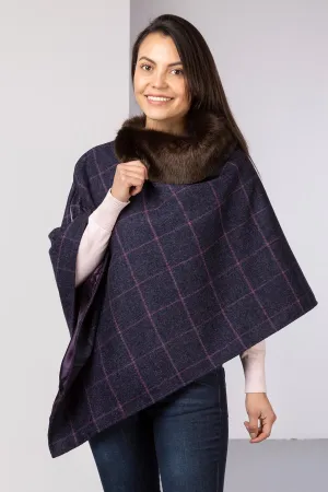 Ladies Wool Tweed Poncho With Faux Fur