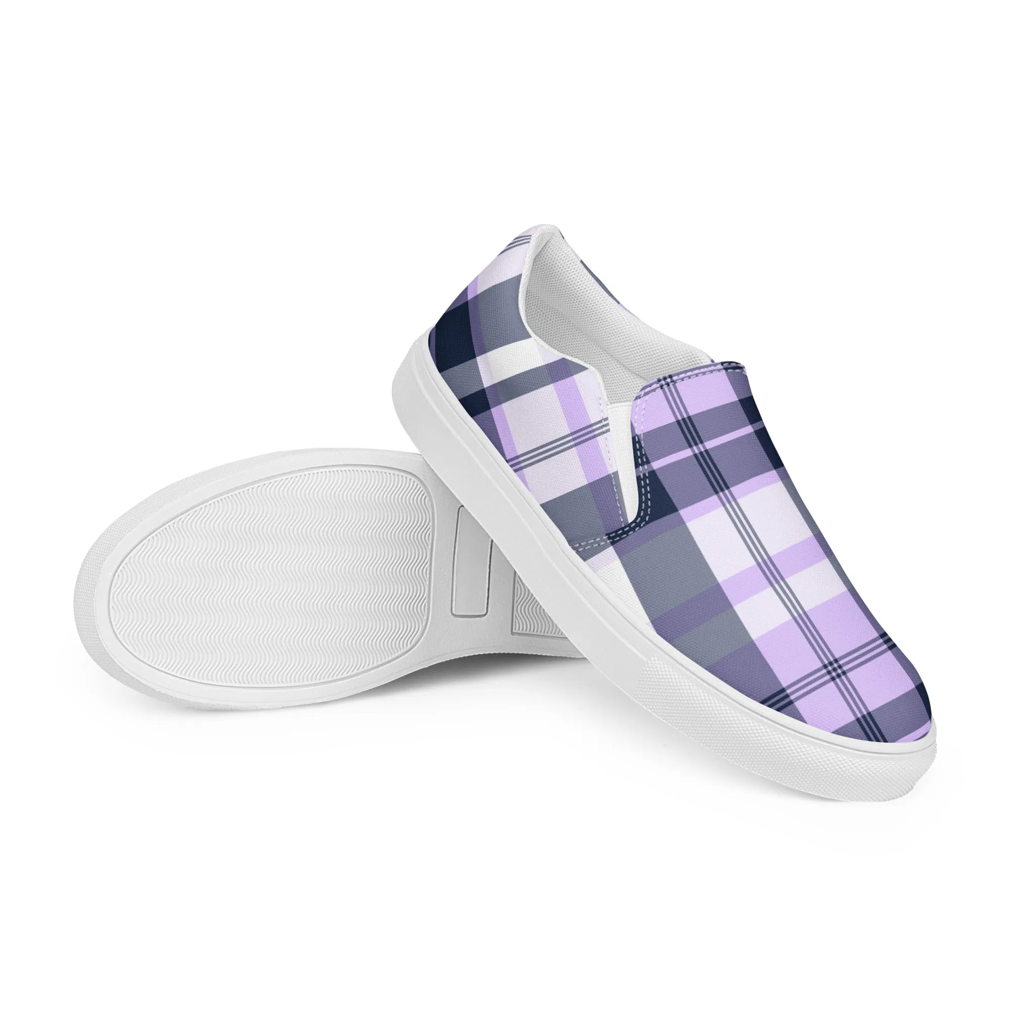 Lavender and Navy Blue Preppy Surfer Plaid Women's Slip On Canvas Shoes