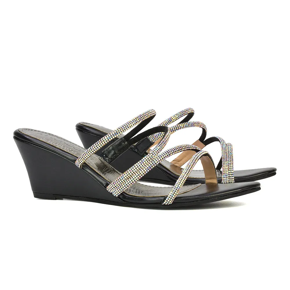 Lilliana Slip On Strappy Diamante Wedge Heel Summer Sandals in Black