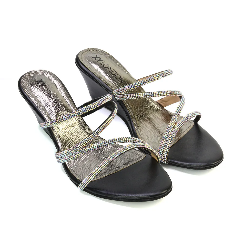 Lilliana Slip On Strappy Diamante Wedge Heel Summer Sandals in Black