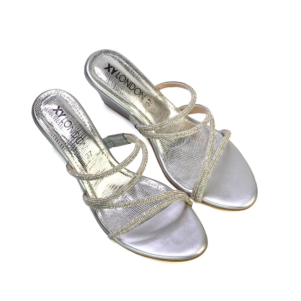 Lilliana Slip On Strappy Diamante Wedge Heel Summer Sandals in Silver