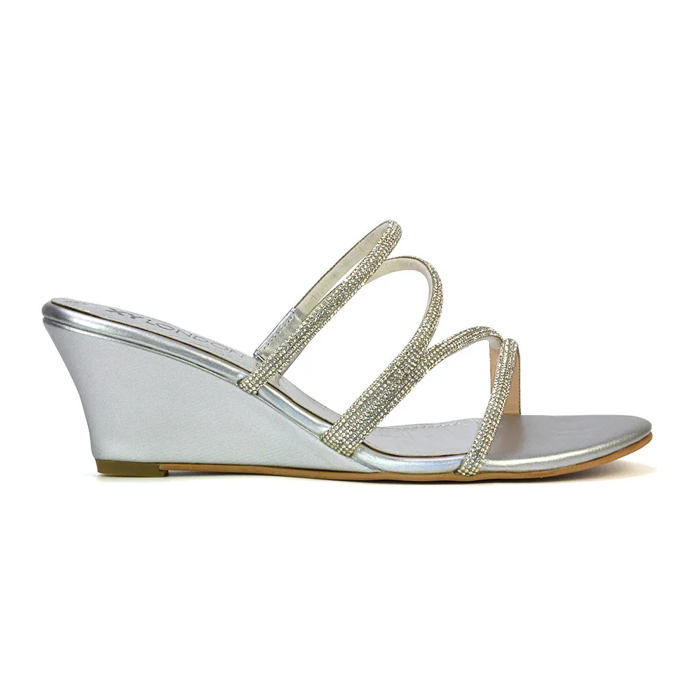 Lilliana Slip On Strappy Diamante Wedge Heel Summer Sandals in Silver