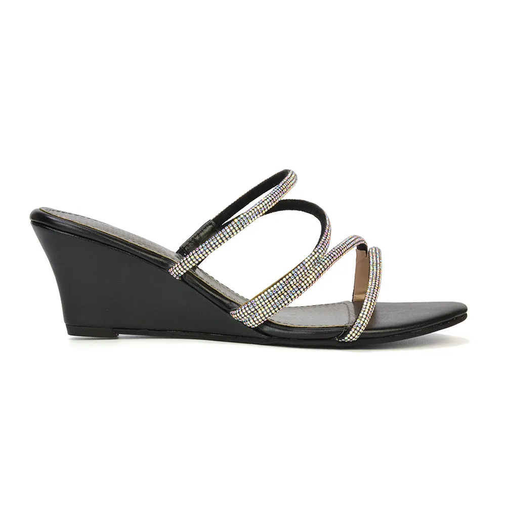 Lilliana Slip On Strappy Diamante Wedge Heel Summer Sandals in Silver