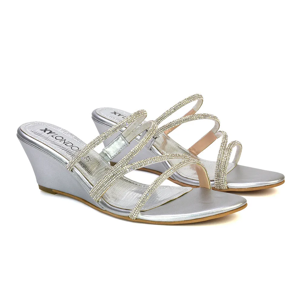 Lilliana Slip On Strappy Diamante Wedge Heel Summer Sandals in Silver