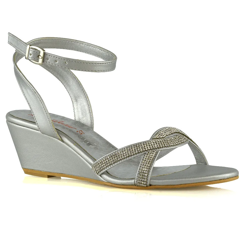 Livvy Diamante Embellished Low Heel Cross Over Strappy Wedge Sandals in Silver