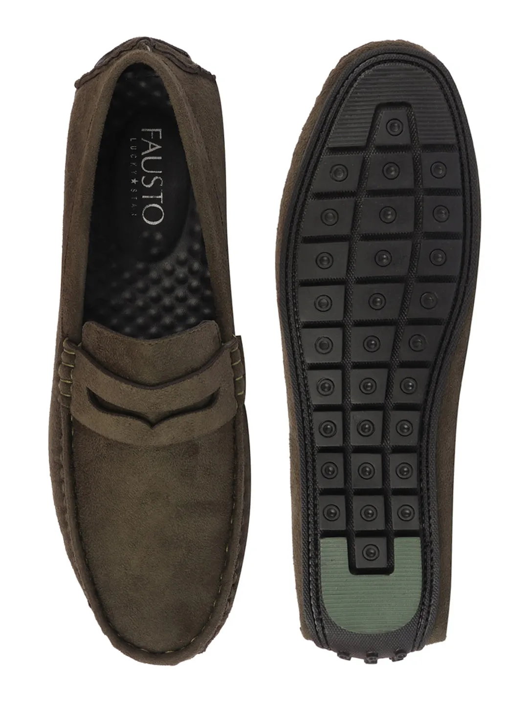 Men Mehandi Suede Leather Side Stitched Driving Loafer and Moccasin