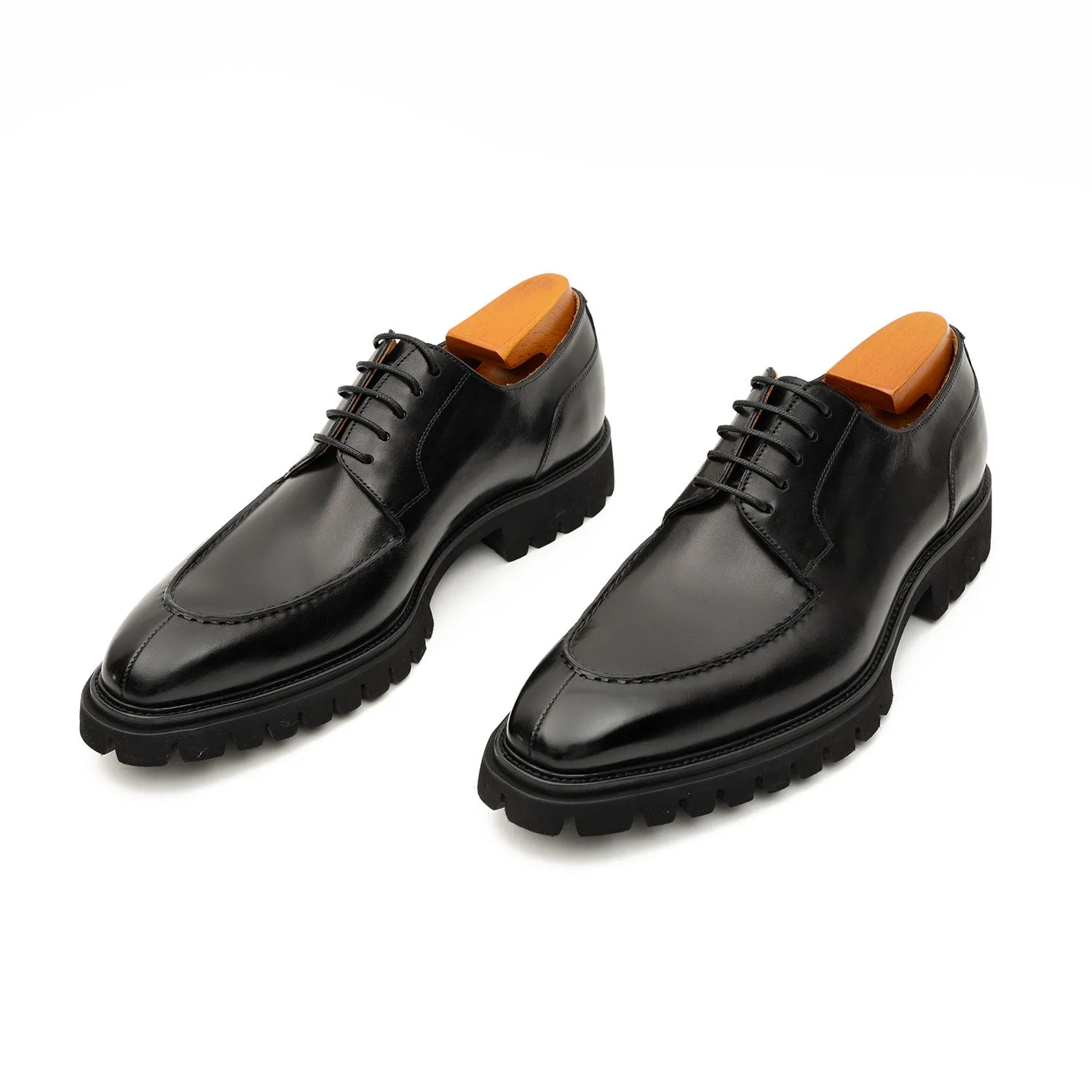 Men's Classic Black Derby Leather Shoes with Lug Sole