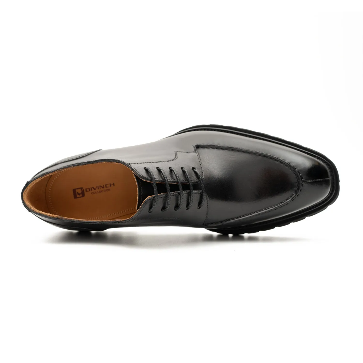 Men's Classic Black Derby Leather Shoes with Lug Sole