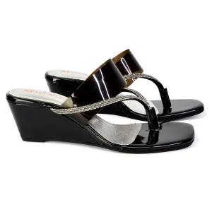 Mirabel Square Toe Post Perspex Wedge Heel Diamante Sandals in Black