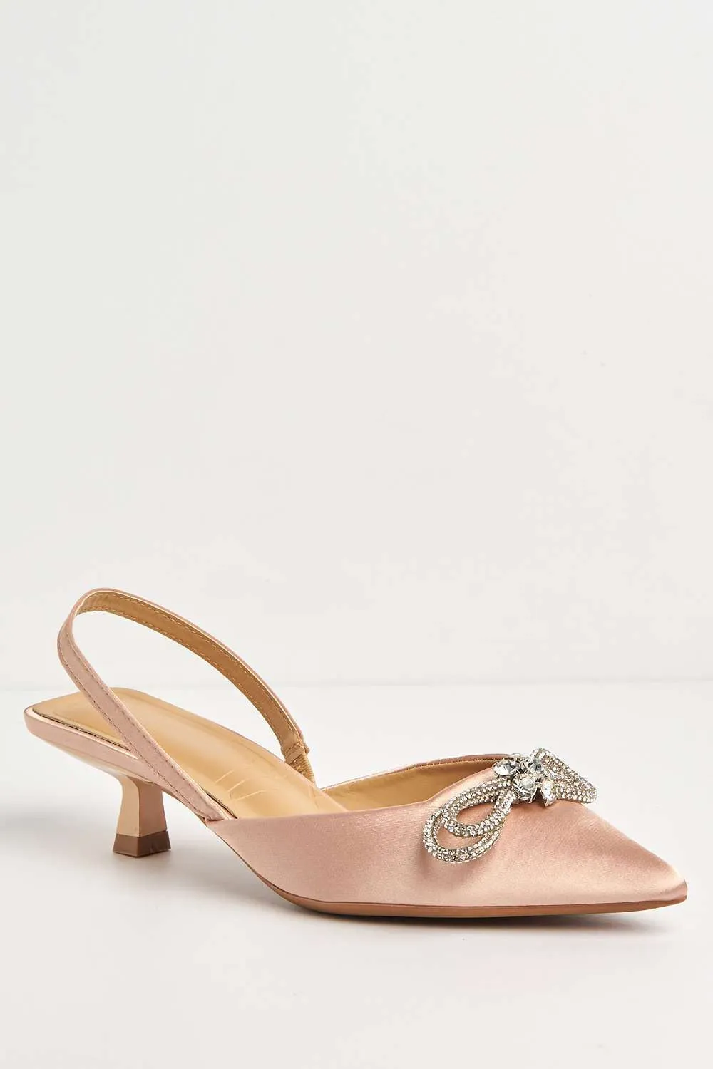 Nia Diamante Bow Detail Kitten Heel Court Shoes in Gold