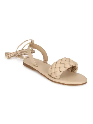 Nude PU Lace up Flat Sandals