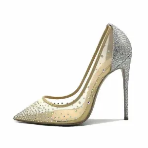 Pointed Toe Heels Crystal Silver High Heels Pumps