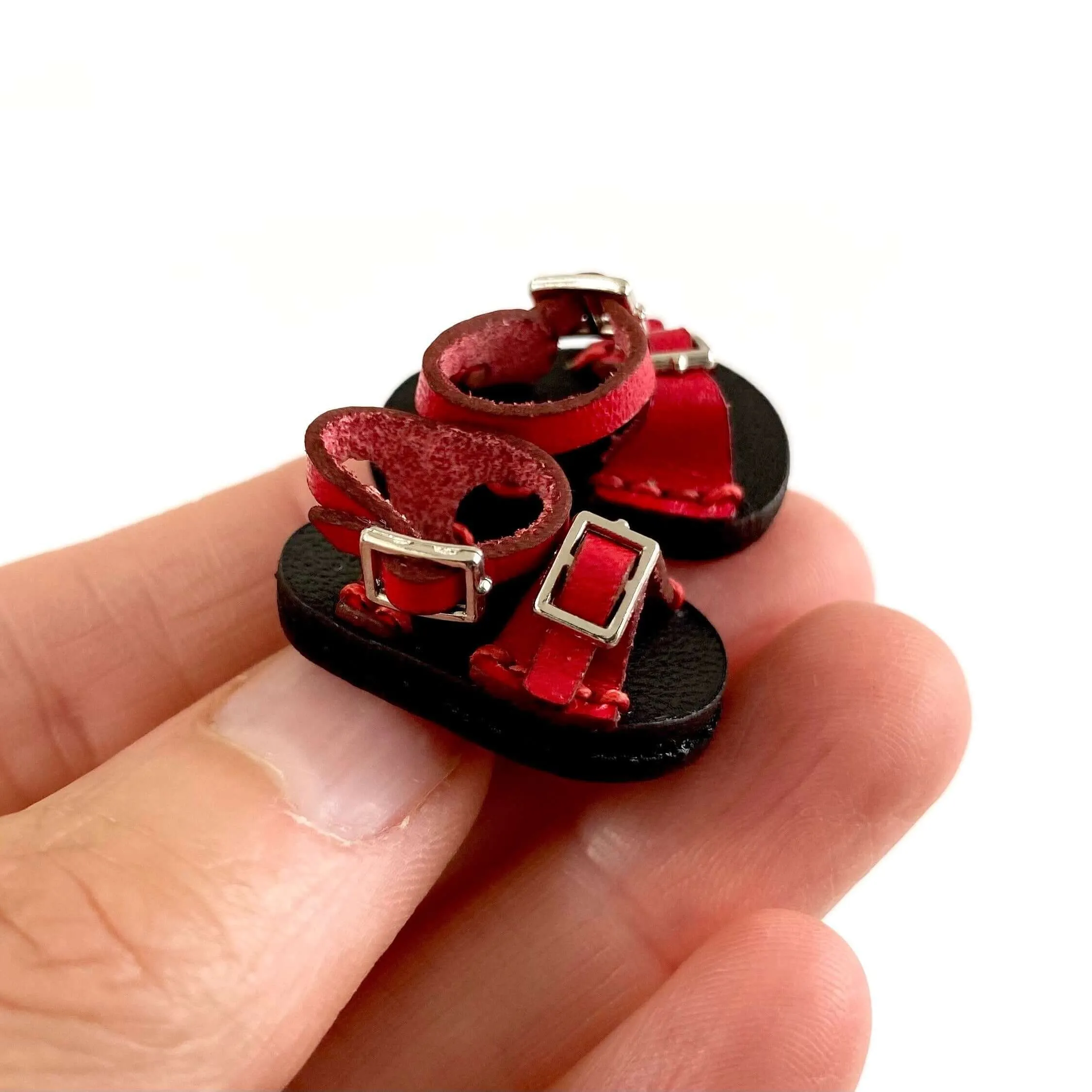 Red leather doll sandals OB11 doll shoes 1/12 shoes