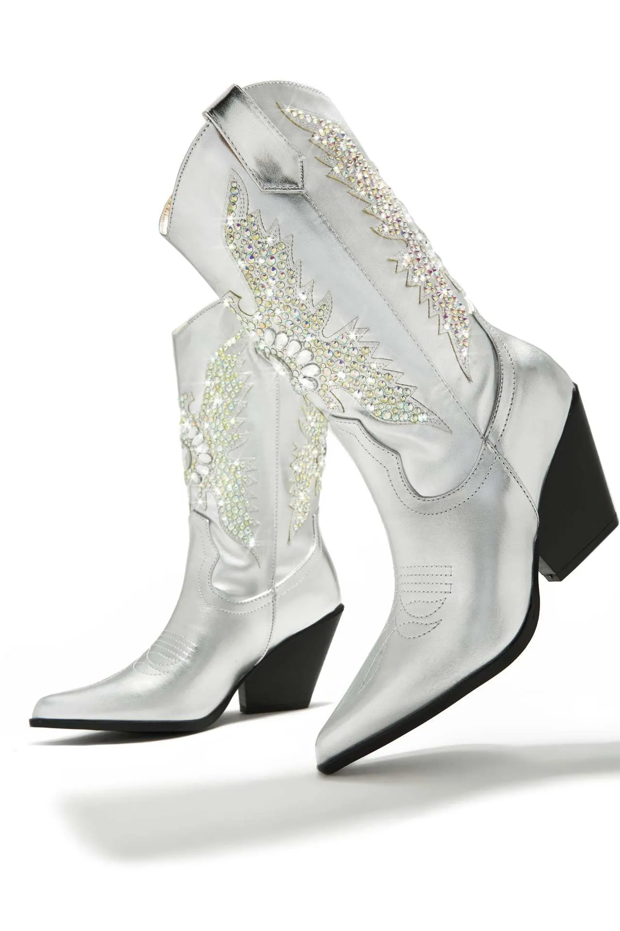 Rhinestone Embellished Ankle Boots Pointed Toe Wedge Heels Cowboy Boots