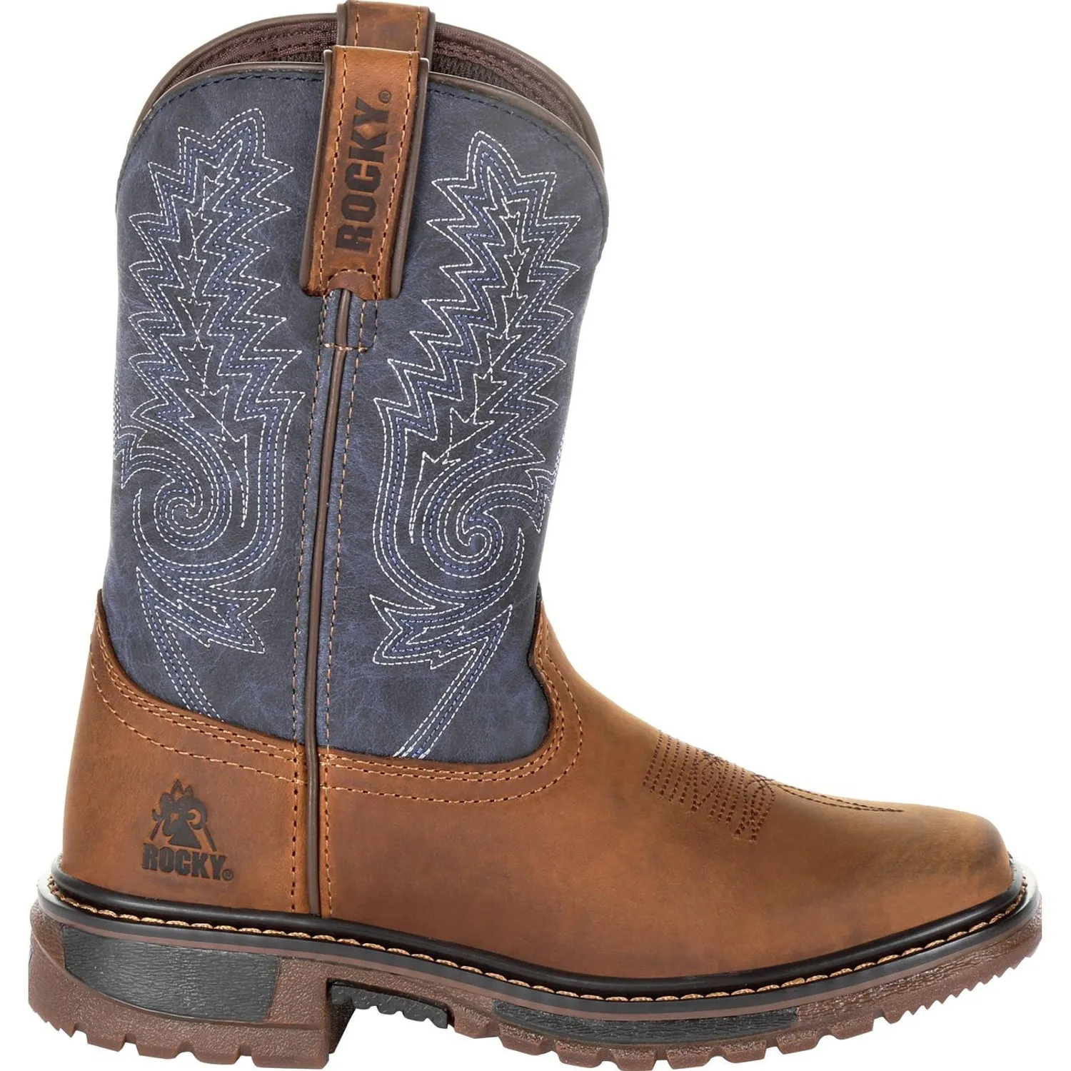 Rocky Youth Boys Denim Brown Leather Ride FLX Western Cowboy Boots