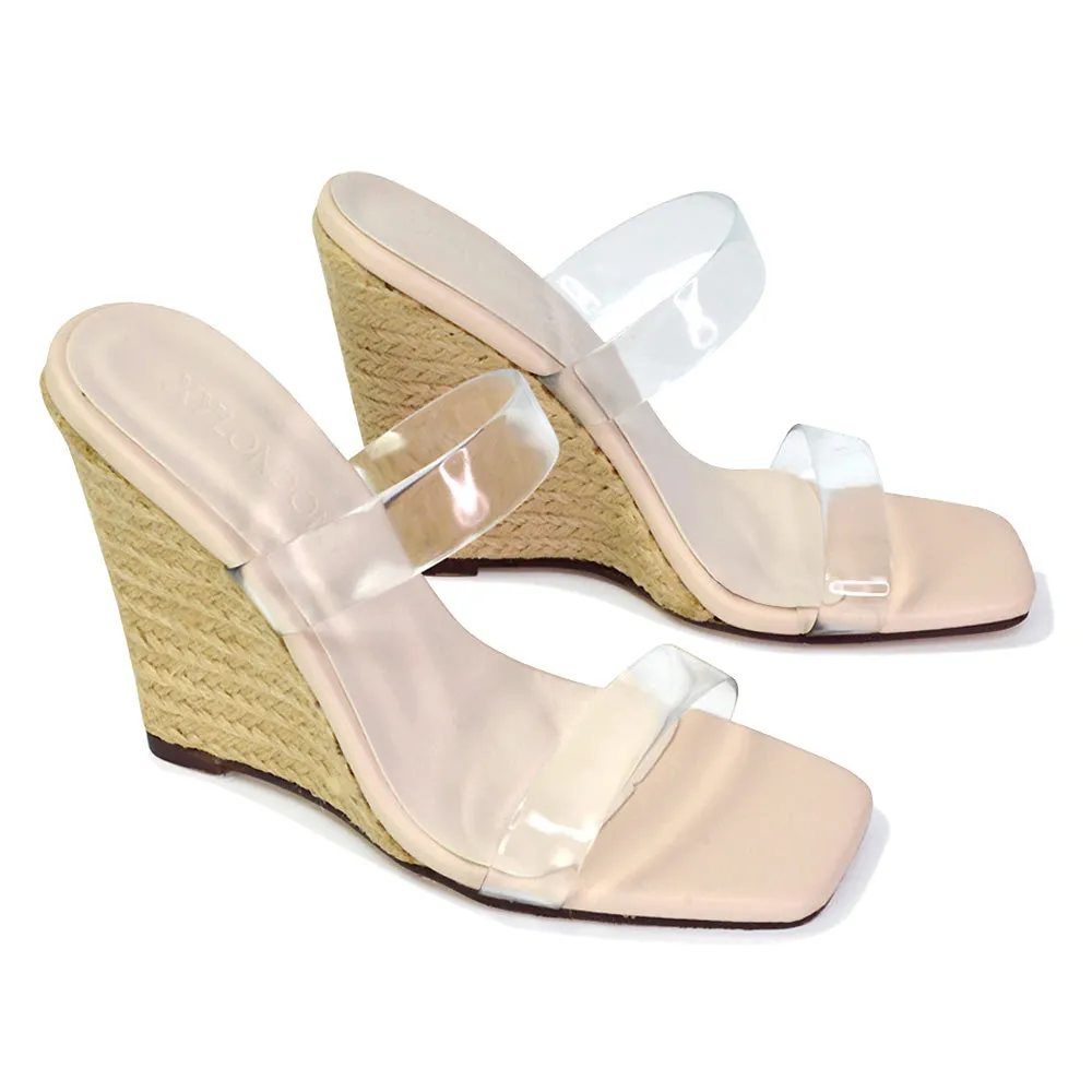 Shea Perspex Strappy Square Toe Espadrilles Wedge High Heel Sandals in Pink