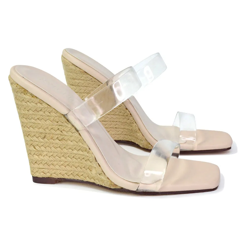 Shea Perspex Strappy Square Toe Espadrilles Wedge High Heel Sandals in Pink