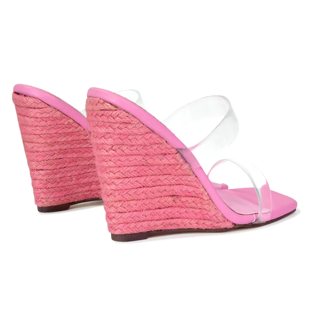 Shea Perspex Strappy Square Toe Espadrilles Wedge High Heel Sandals in Pink