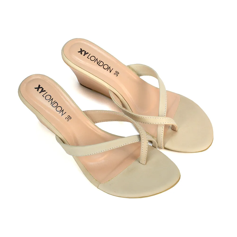 Shona Toe Post Slip On Low Wedge Heel Sandal Mules in Beige