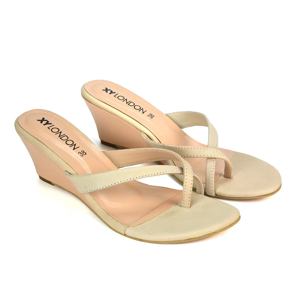 Shona Toe Post Slip On Low Wedge Heel Sandal Mules in Beige